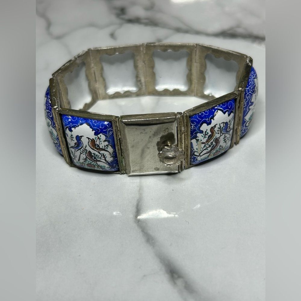 Vintage Persian Blue and Silver Handpainted Tile Bracelet